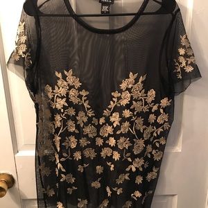 Short Sleeve Embroidered Floral Black Mesh Top